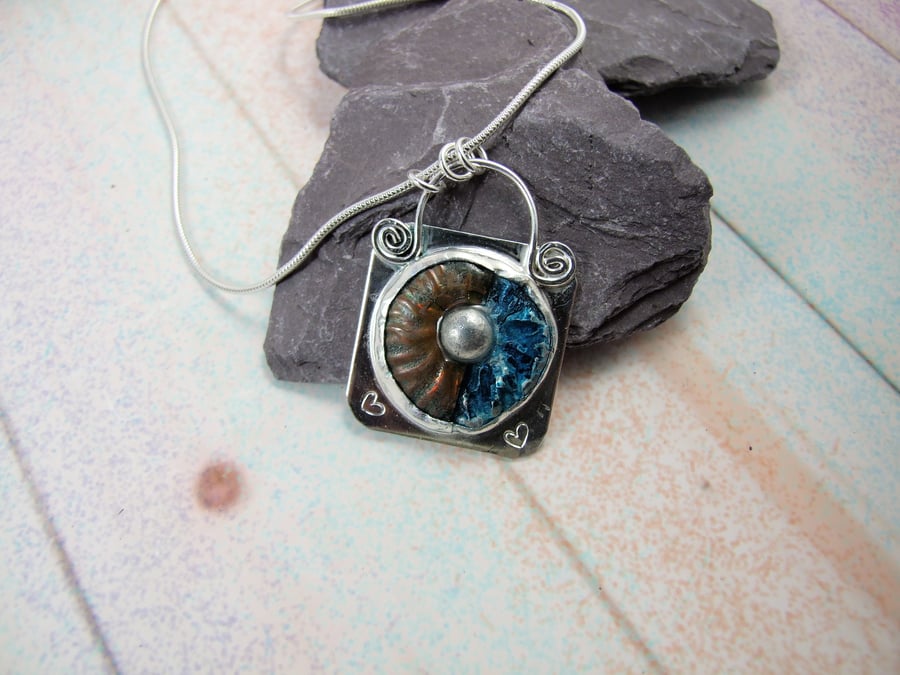 Rustic Ammonite Fossil Necklace. Naturally Pearlised Ammonite & Painted Silver