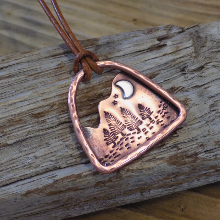 Copper and silver alpine forest pendant 