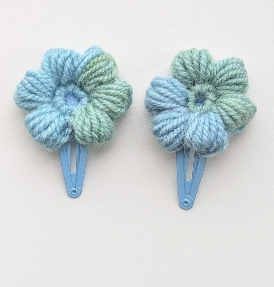 One pair of Blue Green Crochet Flower Hair Clips 