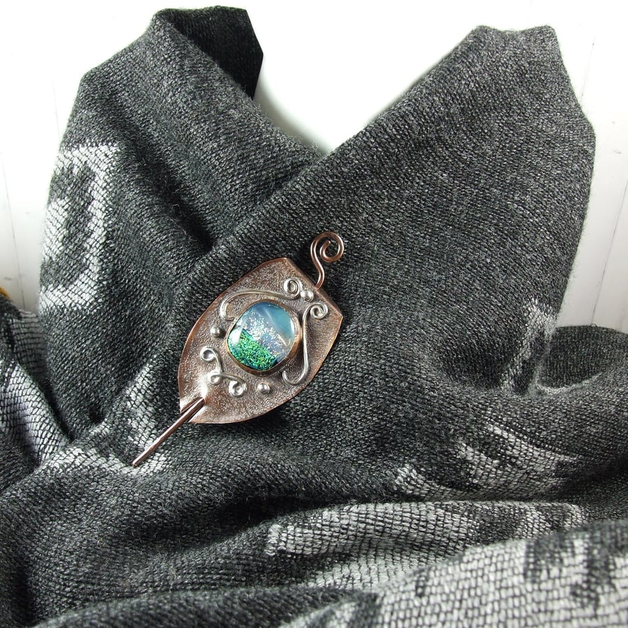 Shawl Pin Brooch. Copper with Artisan Blue Green Dichroic Glass Cabachon