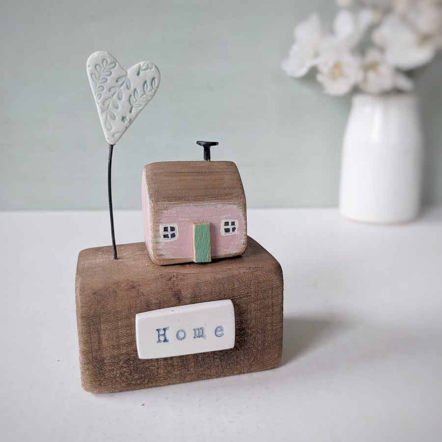Little Wooden Cottage with Clay Love Heart 'home'