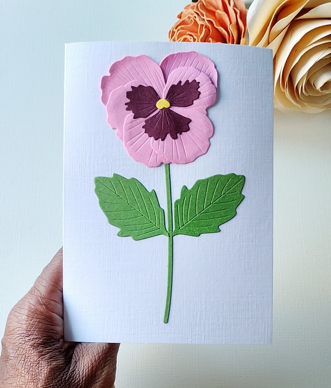 Pink Wine Paper Pansy - Flower Shop Moments, Blank Handmade Floral Card 