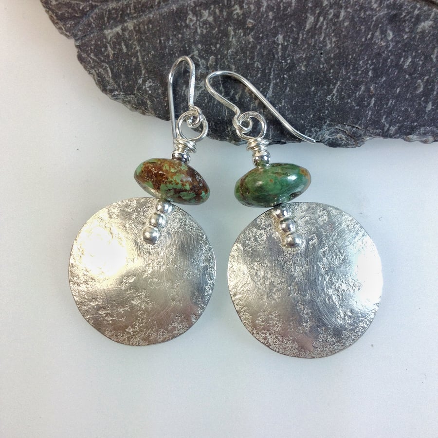 Large round silver and earthy turquoise earrings 