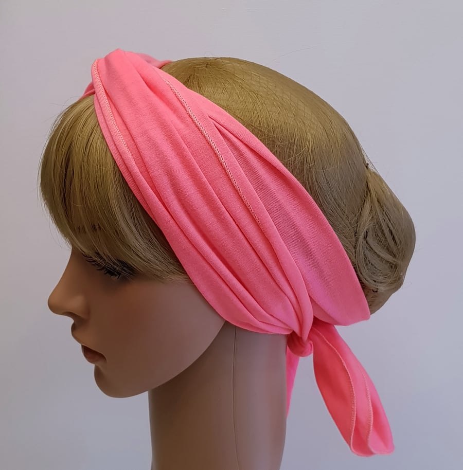 Neon pink pin up style head scarf self tie stretchy head wrap hair tie bandanna