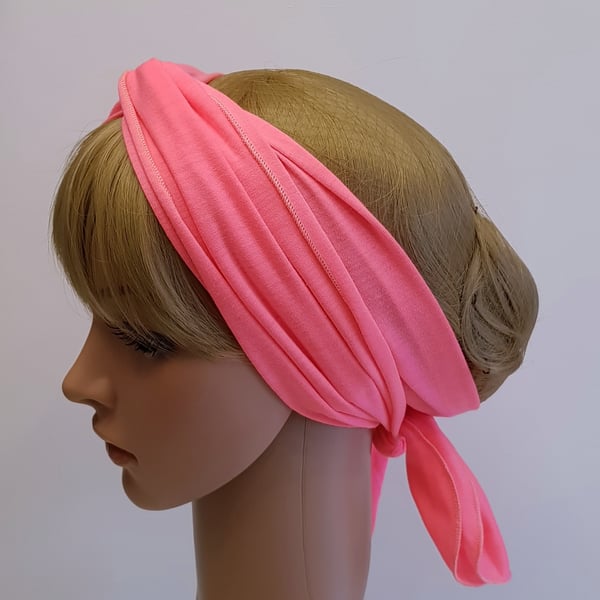 Neon pink pin up style head scarf self tie stretchy head wrap hair tie bandanna