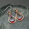 Hammered Copper Double Teardrop Earrings with Red AB Glass Cube Beads