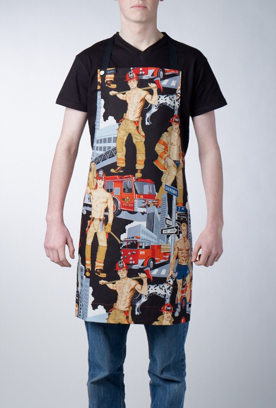 GAYPRON in 'Fire Fighters black' retro pin-up fabric by Alexander Henry