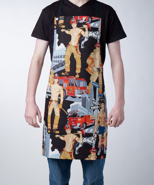 GAYPRON in 'Fire Fighters black' retro pin-up fabric by Alexander Henry