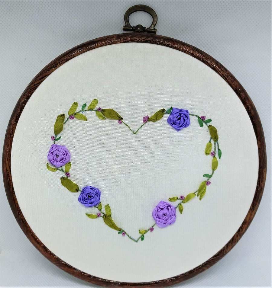 Purple Silk Ribbon Roses Hand Embroidered Heart Wreath Hoop