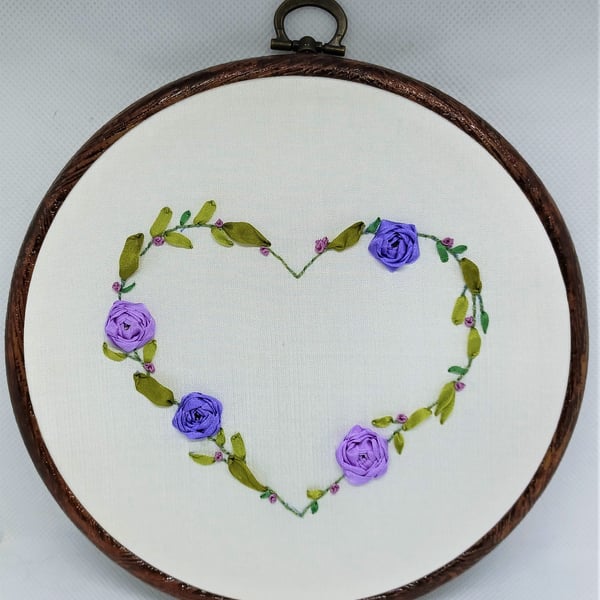 Purple Silk Ribbon Roses Hand Embroidered Heart Wreath Hoop