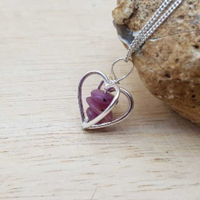Small Ruby heart pendant necklace. July birthstone. Sterling silver