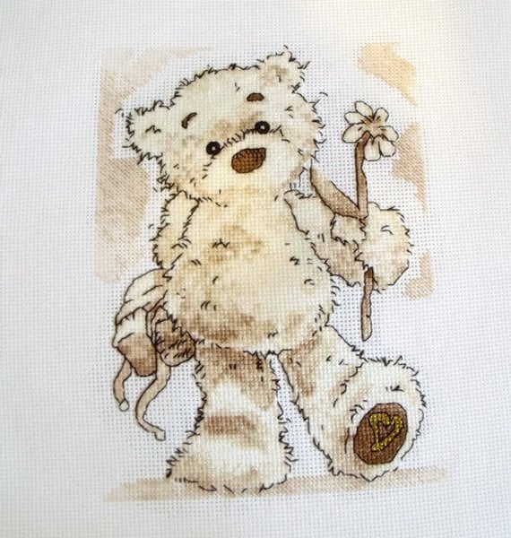 sepia teddy bear cross stitch picture, ready to frame for the nursery 