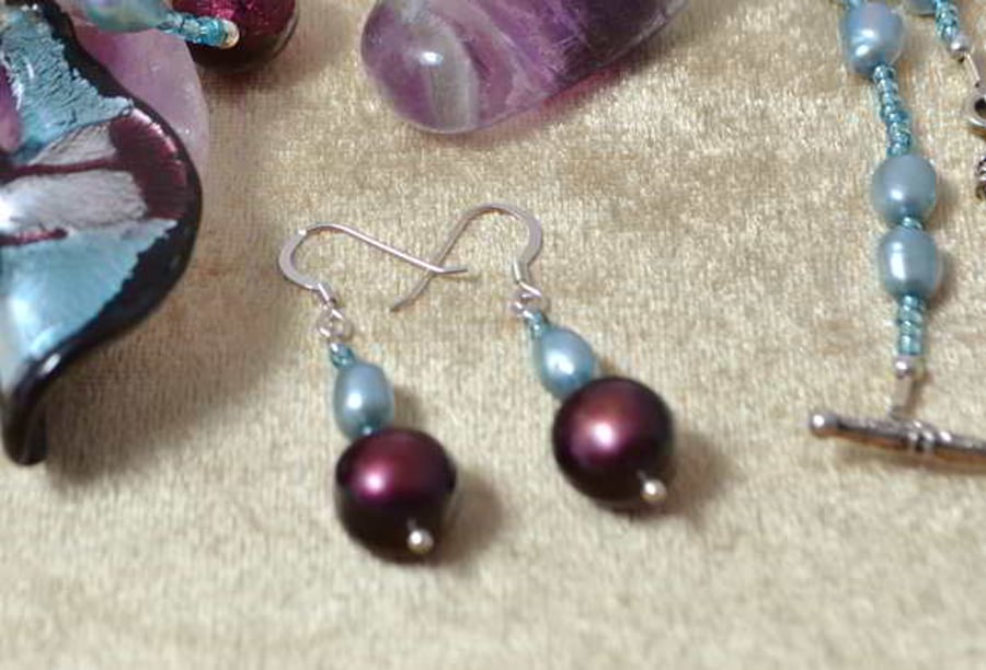 Raspberry & Sky Blue Pearl Earrings