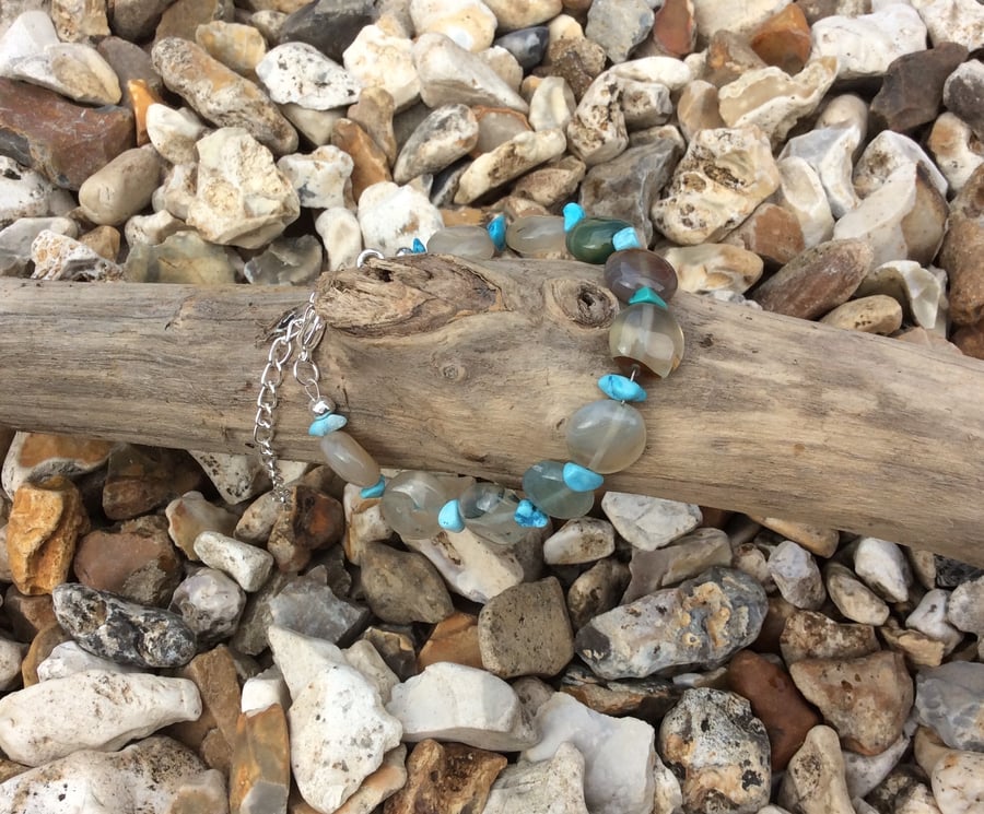 Bracelet made using Greenish Blue Agate Coins and Turquoise Chips