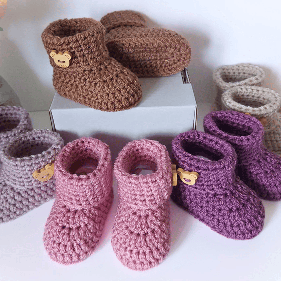 Crochet Baby Booties Teddy Button Hand-made Sizes Newborn 0-3 and 3-6 Months