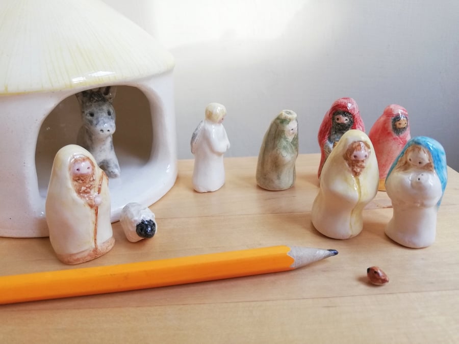 Ceramic hand made Christmas nativity set with stable Joseph Mary Jesus kings