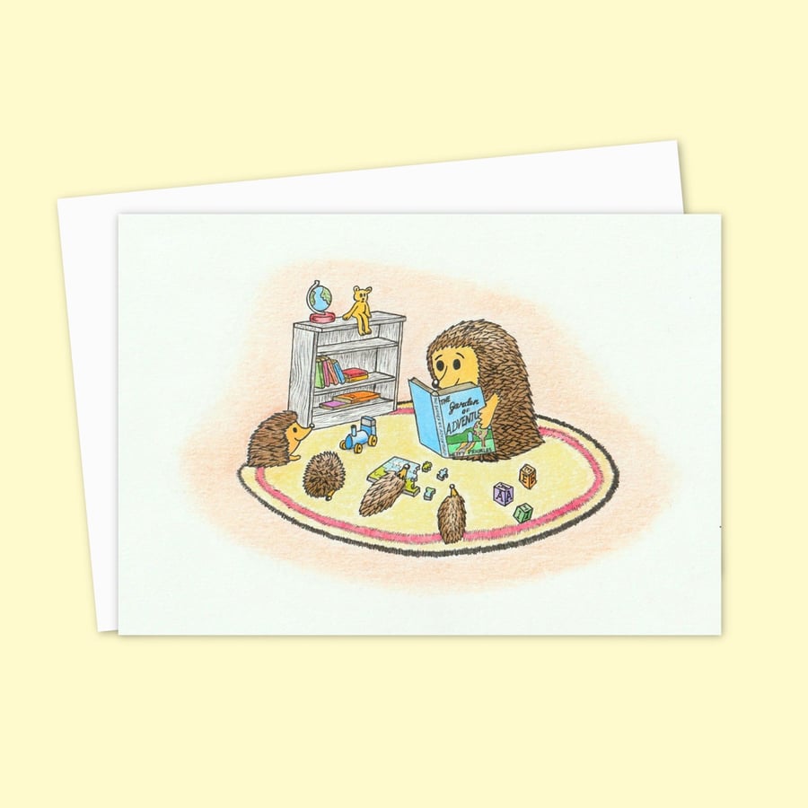 Hedgehogs Storytime Greeting Card: Cute Pencil Illustration, Blank Inside (207)
