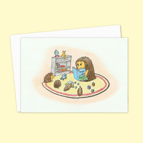 Hedgehogs Storytime Greeting Card: Cute Pencil Illustration, Blank Inside (207)