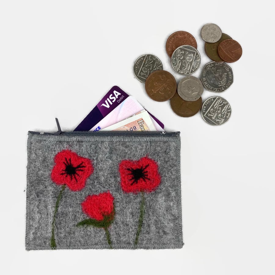 Coin purse, felted with needle felted poppy design