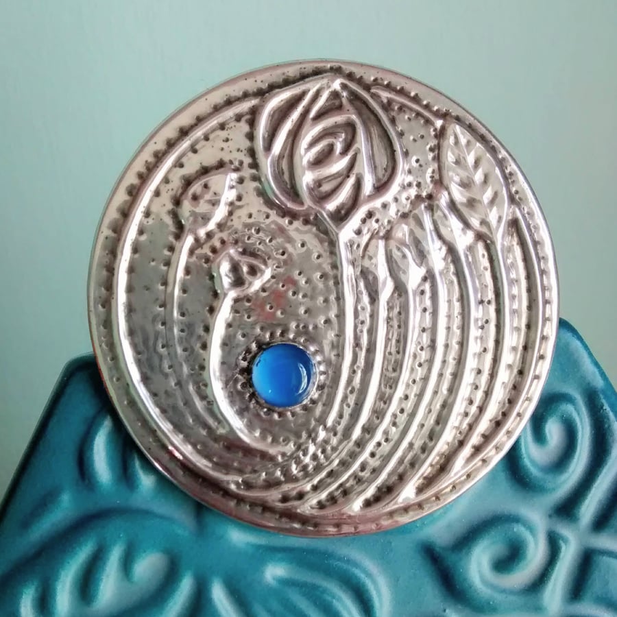 Sale! Mackintosh Brooch in Silver Pewter with Blue Onyx