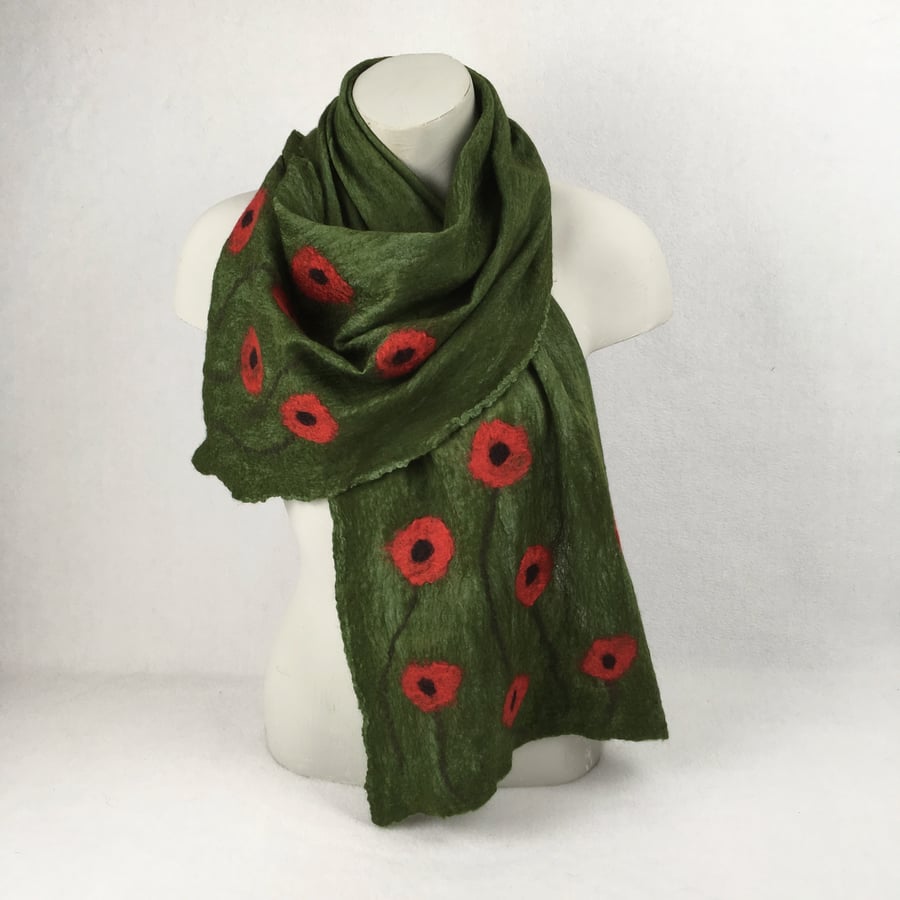 Green poppy scarf, merino wool on silk, nuno felted, shorter length