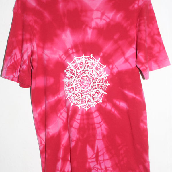 Mandala print T shirt, Unisex red target tie dye cotton top,size M,Eco clothing