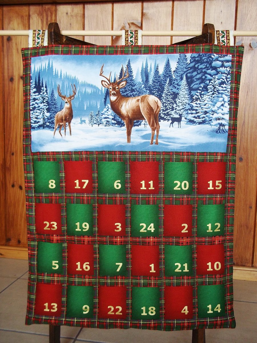 Snowy scene with deer and pine trees Reusable Fabric Advent Calendar 