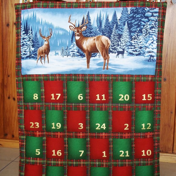 Snowy scene with deer and pine trees Reusable Fabric Advent Calendar 