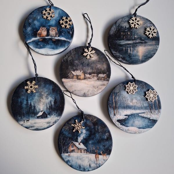 Set of 6 Christmas Ornaments, Decoupaged Wooden Slice Tree Decor