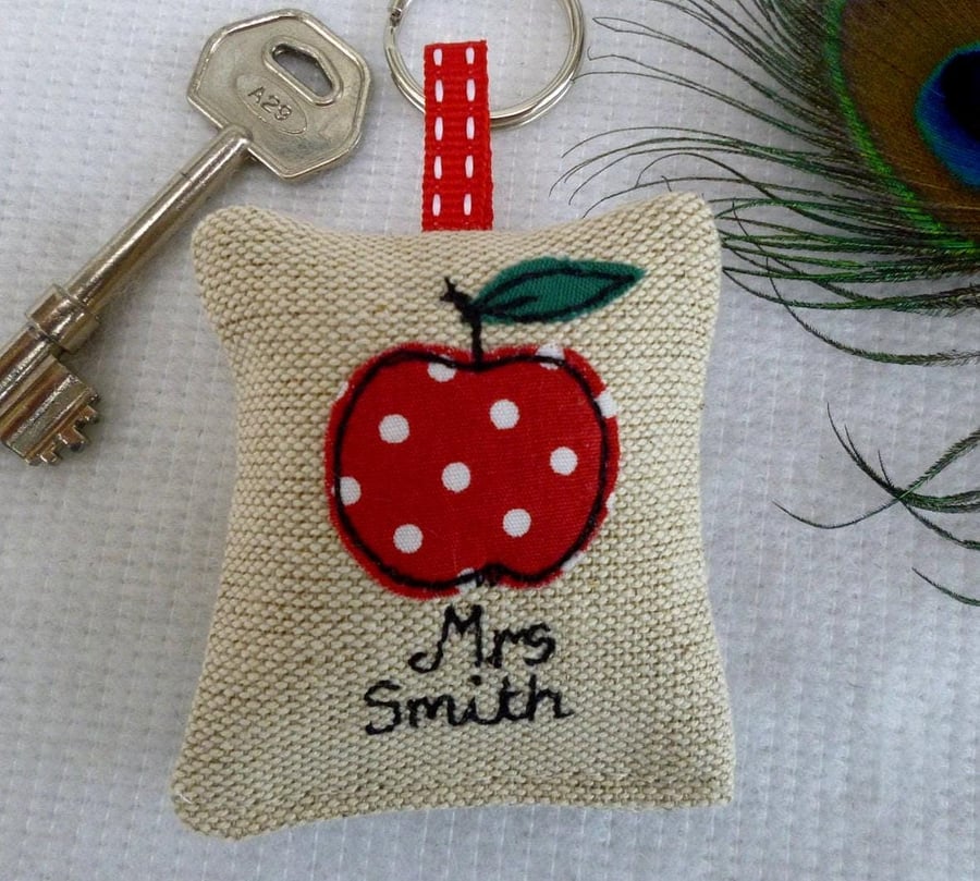 Apple Applique Keyring - Optional Lavender Scent - Personalised Teacher Gift