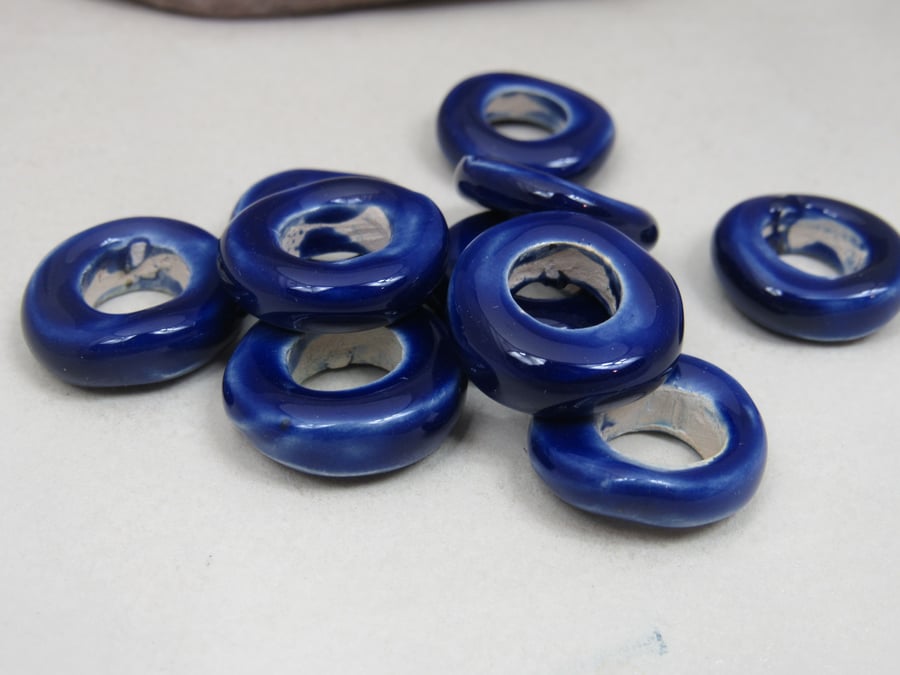 10 Medium Cobalt Blue Glazed Ceramic Donut Beads