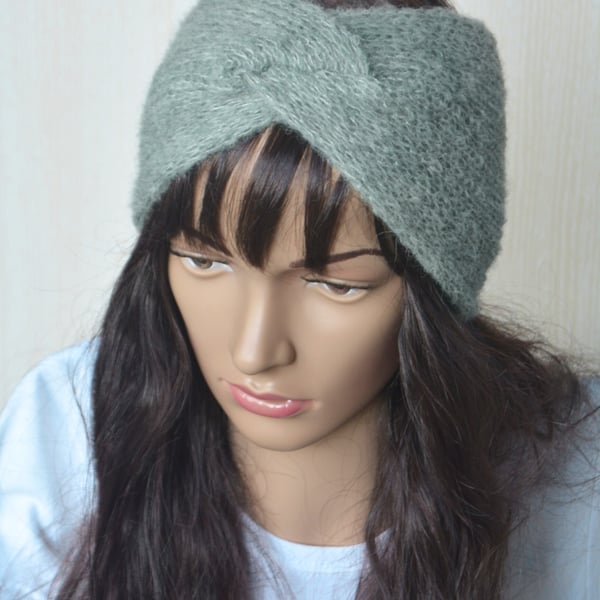 Knitted Headband Earwarmer Soft Alpaca Silk Light Spearmint Letterbox Gift