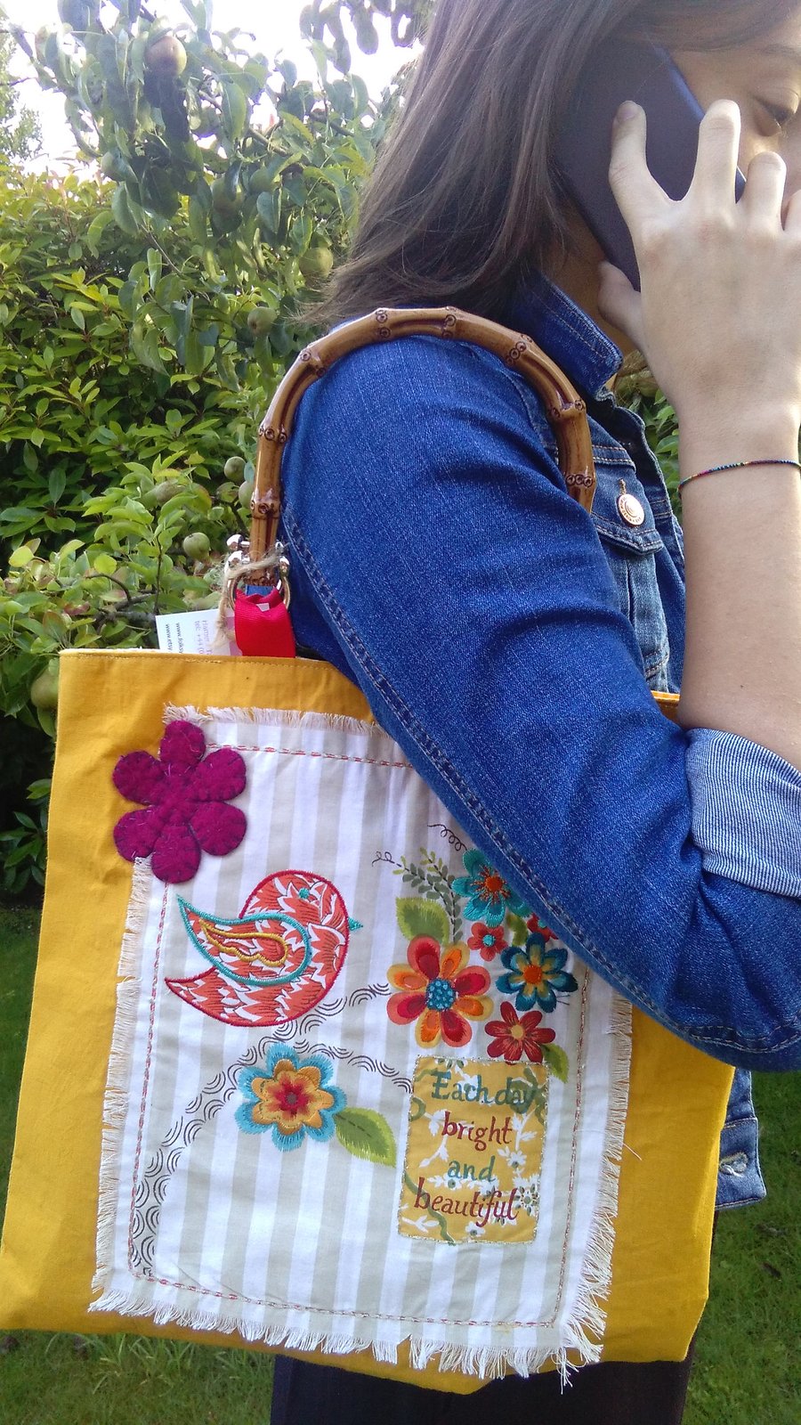 Boho bag, hobo bag, canvas bag, yellow tote, birds, flowers, embroidered bag