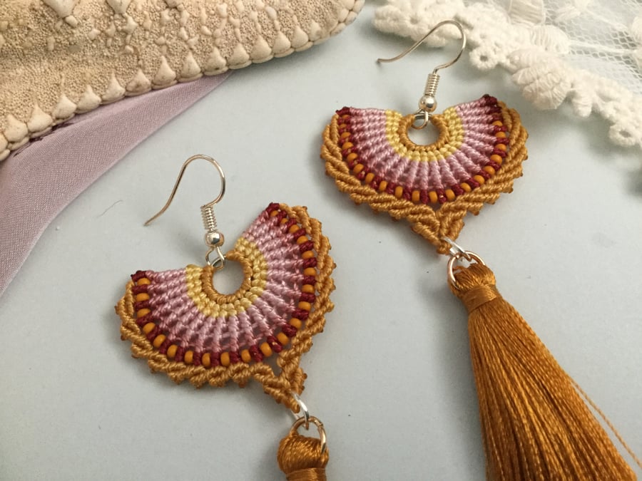 Spanish Tassel macrame beaded fan earrings, boho earrings, seed bead earrings,  