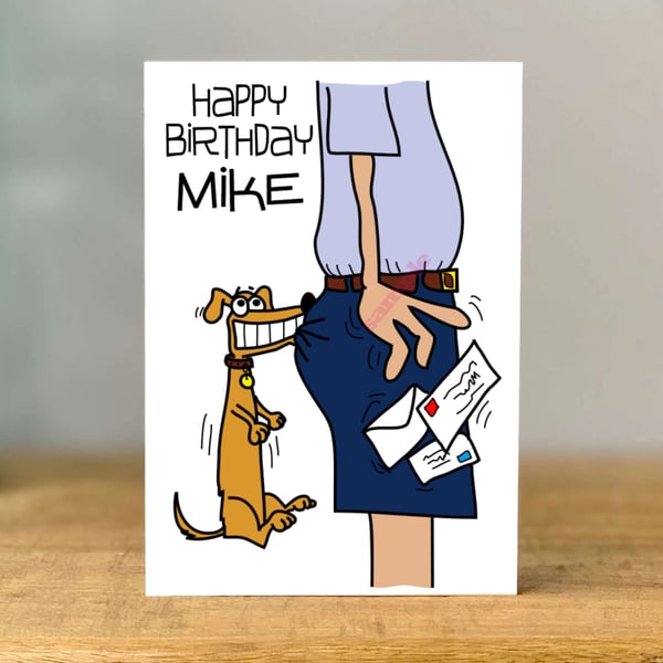 Personalised Postman Birthday Card, Funny Dog Design