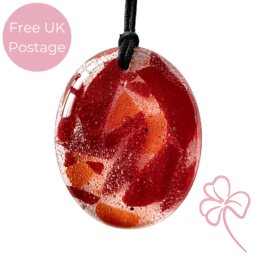 Red and Orange Oval Fused Glass Pendant Necklace 