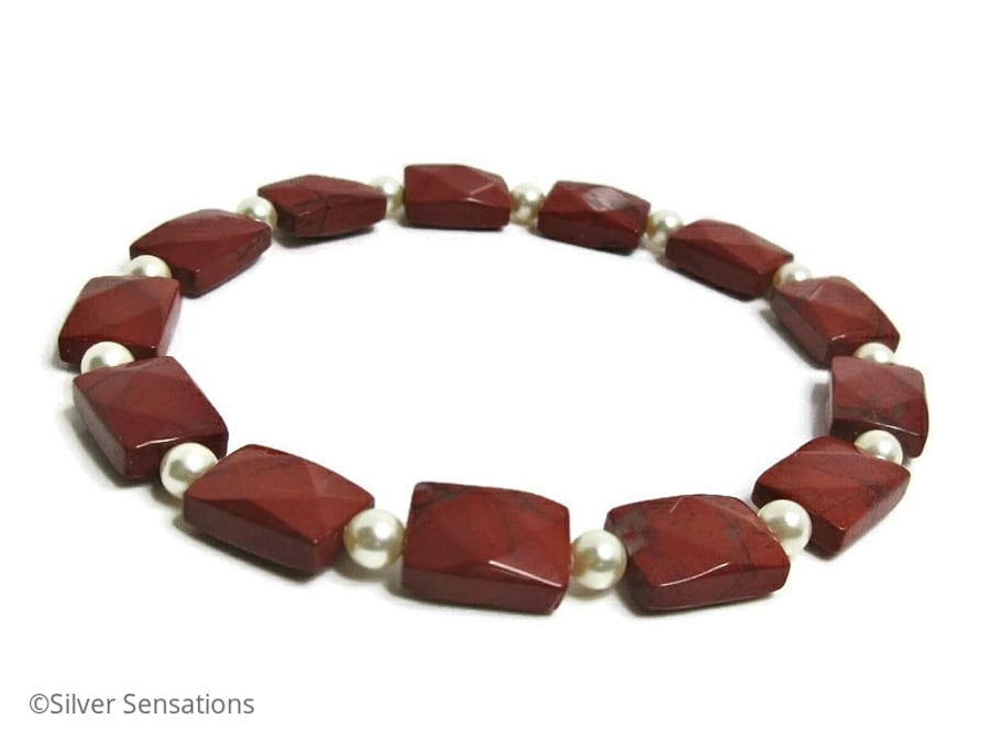 Faceted Brown Red Jasper Oblong Beads & Cream Swarovski Pearls Bracelet