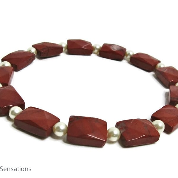 Faceted Brown Red Jasper Oblong Beads & Cream Swarovski Pearls Bracelet