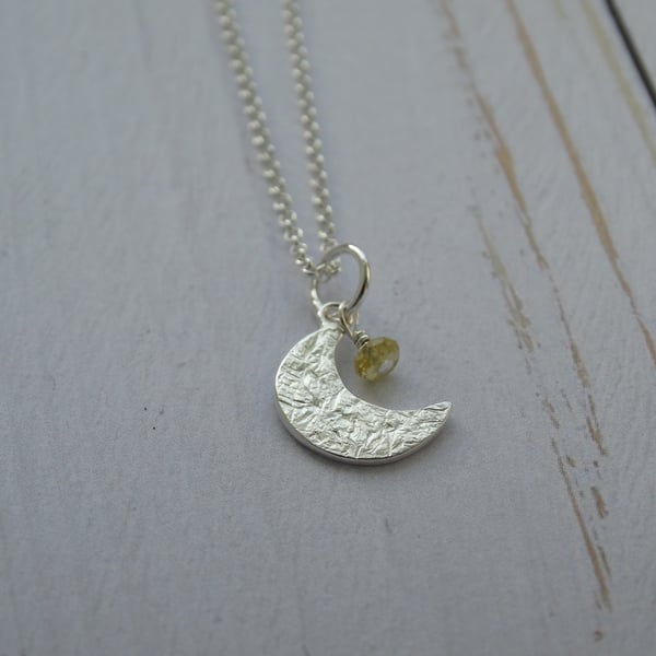 Crescent moon pendant - winter moon - textured recycled silver with citrine star