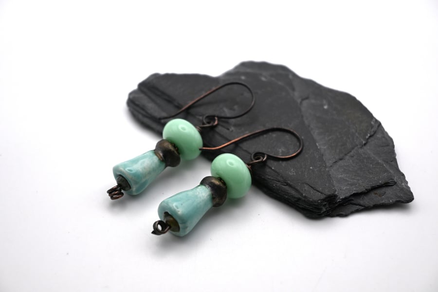 copper earrings, green lampwork glass and ceramic
