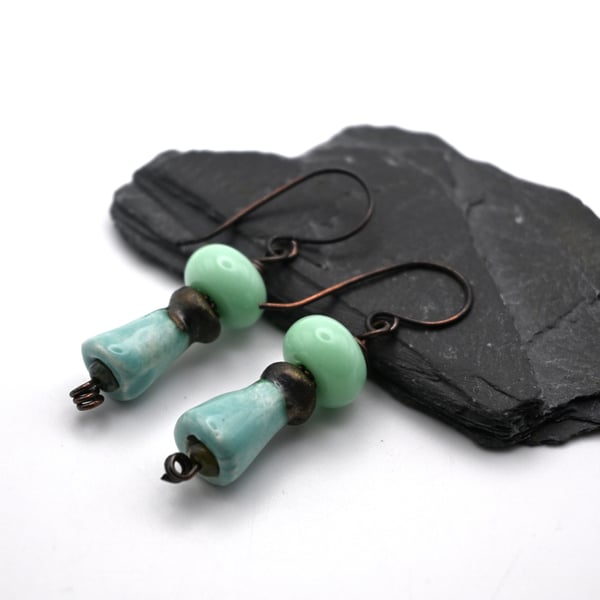 copper earrings, green lampwork glass and ceramic