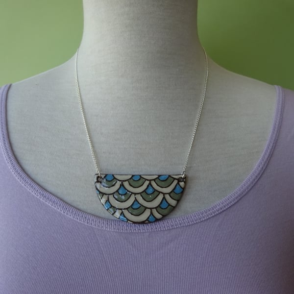 Statement necklace with scales geometric design in blue ceramic