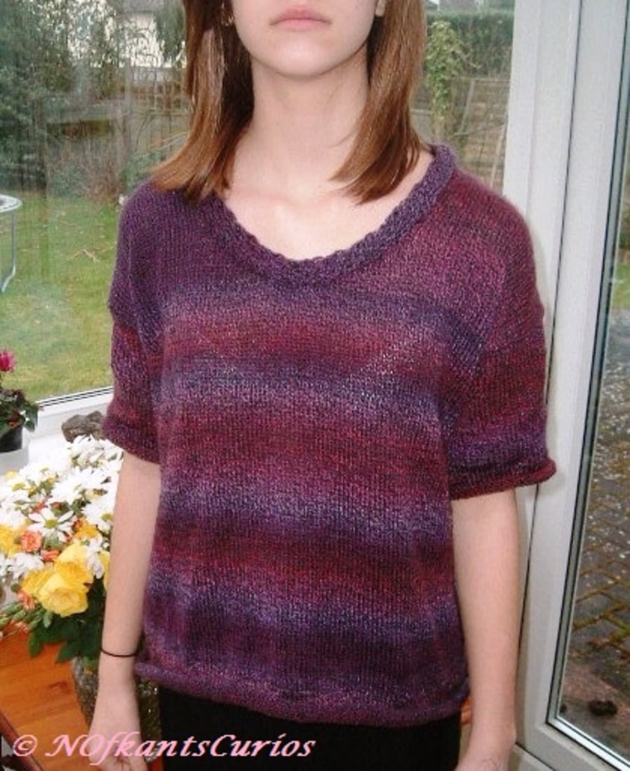 Purple Rainbow Knitted Short Sleeve Jumper.  Approx UK size 8 to 10