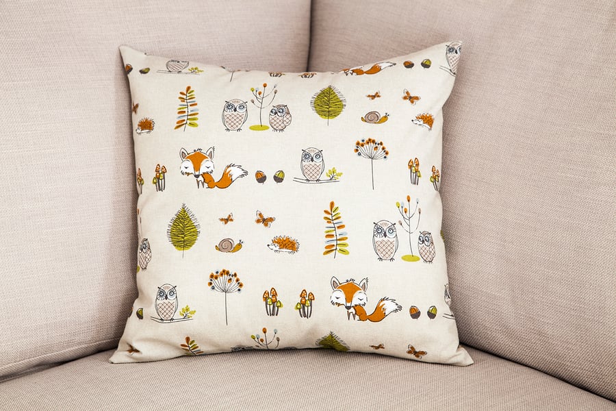 Woodland Creatures Cushion Cover 18" inch Foxes Owls Hedgehogs Animals  