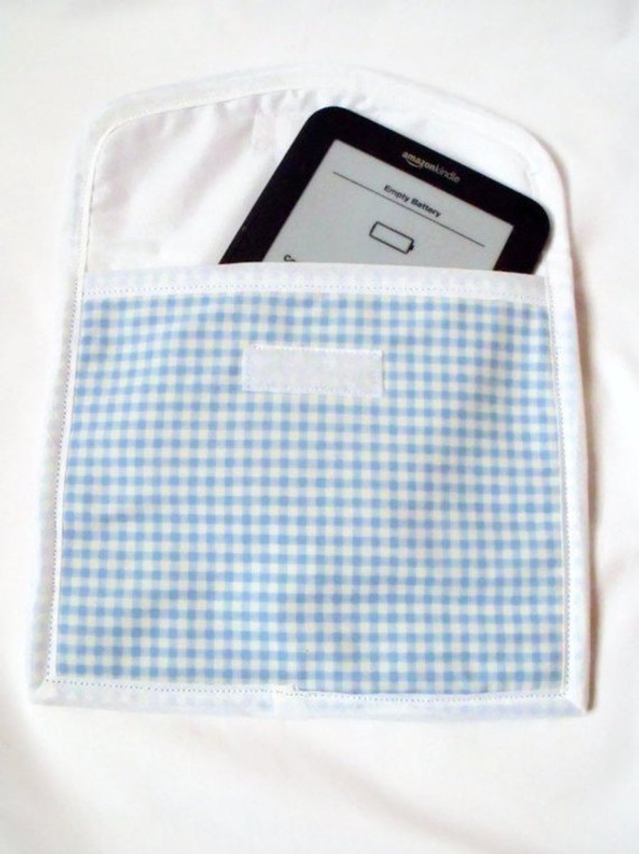 blue gingham tablet sleeve for e reader, kindle etc, aprox 7 x 8 inches