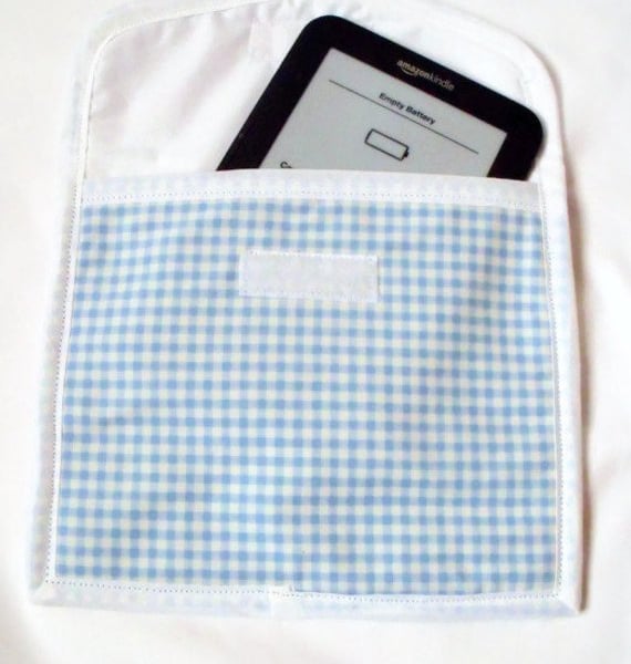 blue gingham tablet sleeve for e reader, kindle etc, aprox 7 x 8 inches