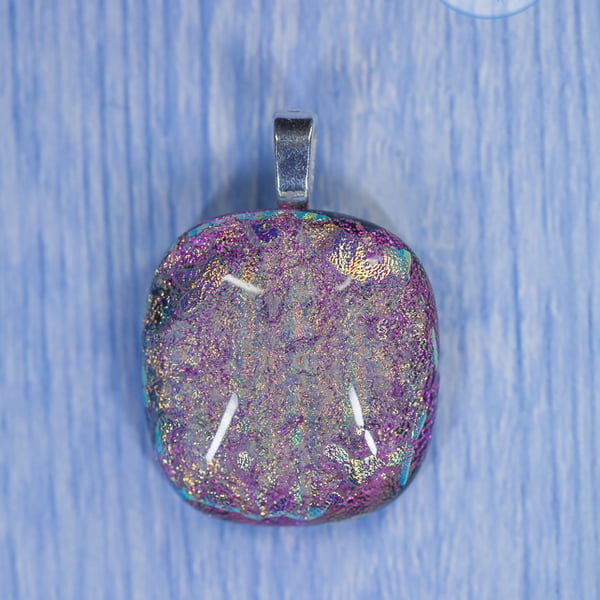 Delicate shimmer sparkle dichroic fused glass pendant pink gold