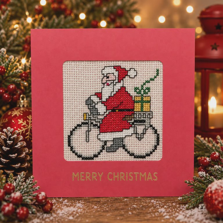 Handmade Cross Stitch Santa on Bicycle Christmas Card – 5 x 5 Inch