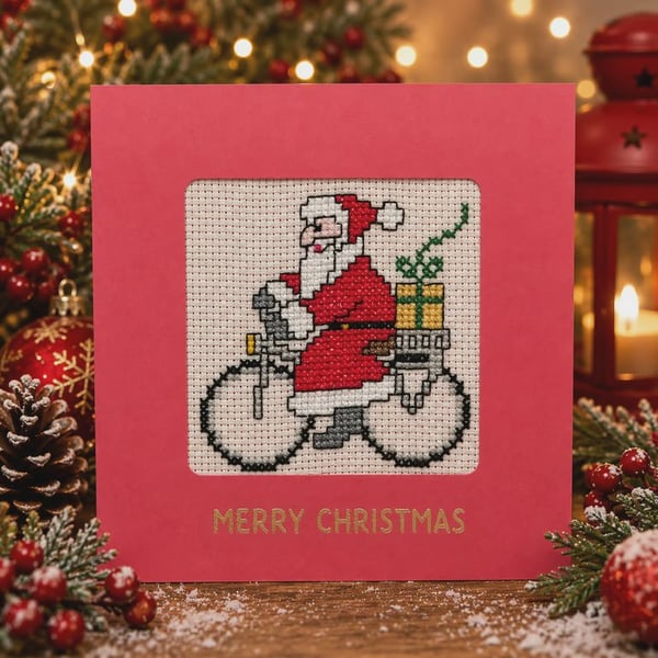 Handmade Cross Stitch Santa on Bicycle Christmas Card – 5 x 5 Inch
