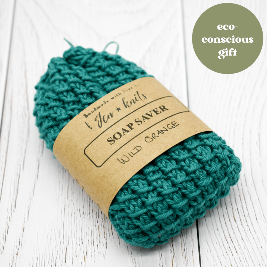 Hand knitted cotton soap saver - Teal - with Wild Orange soap